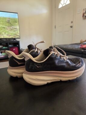 Hoka Running Shoes in Black with Pale Pink Accents